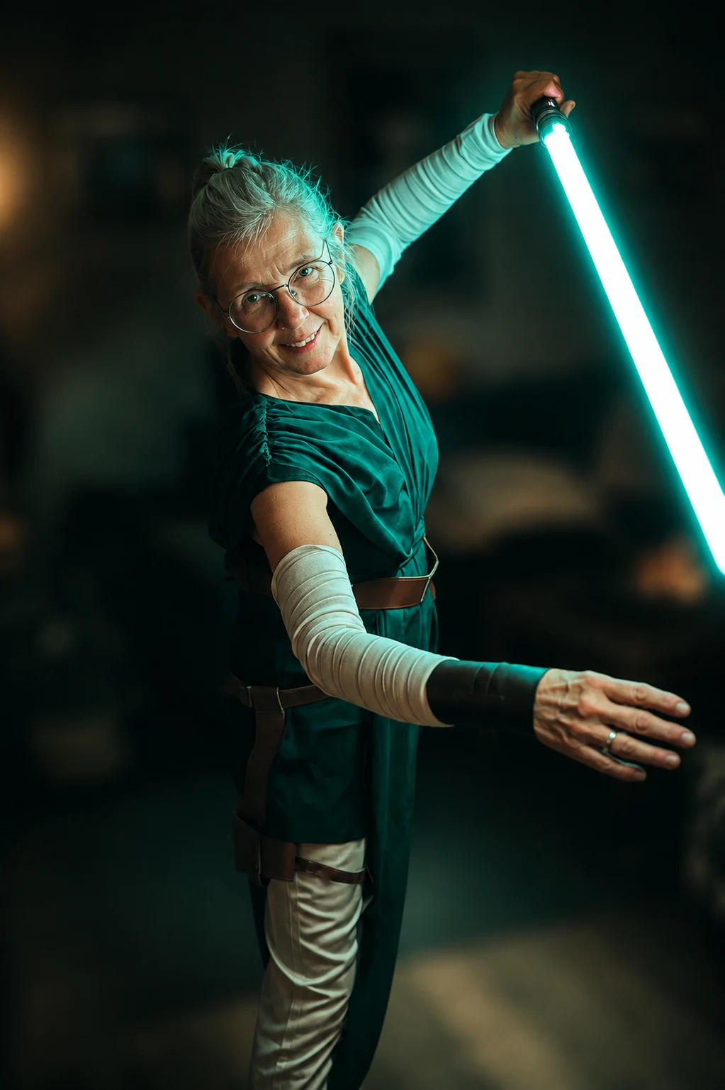 Conny in Cosplay-Pose mit Lichtschwert
