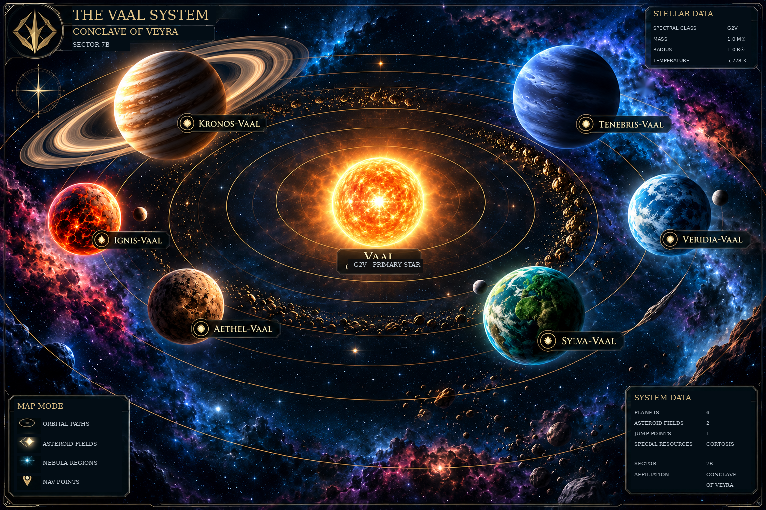 Cinematic star map of the Vaal System with six planets and orbits
